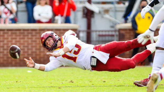 Nov 20, 2021; Norman, Oklahoma, USA; Iowa State Cyclones quarterback Brock Purdy (15) throws the ball during the second half against the Oklahoma Sooners at Gaylord Family-Oklahoma Memorial Stadium. Mandatory Credit: Kevin Jairaj-USA TODAY Sports